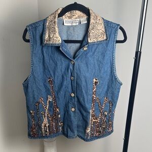 Dress Barn Blue Denim Vest with Embroidered Jewel Giraffe Detail Size Large